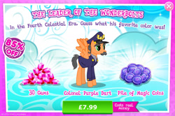 Size: 1961x1302 | Tagged: safe, gameloft, colonel purple dart, pegasus, pony, g4, my little pony: magic princess, advertisement, clothes, costs real money, english, facial hair, gem, hat, introduction card, magic coins, male, mobile game, moustache, numbers, sale, solo, spread wings, stallion, text, wings