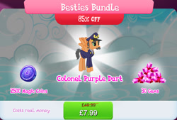 Size: 1268x857 | Tagged: safe, gameloft, colonel purple dart, pegasus, pony, g4, my little pony: magic princess, bundle, clothes, costs real money, english, facial hair, gem, hat, magic coins, male, mobile game, moustache, numbers, sale, solo, spread wings, stallion, text, wings