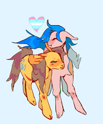 Size: 1182x1412 | Tagged: safe, artist:hoofpeet, firefly, toffee, earth pony, pegasus, pony, g1, g4, blue background, cloven hooves, duo, female, generational ponidox, heart, pride, pride flag, simple background, trans female, transgender, transgender pride flag