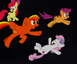 Size: 6000x5000 | Tagged: safe, artist:eagc7, apple bloom, scootaloo, sweetie belle, oc, oc:asteroid angus, g4, cutie mark crusaders, female, filly, floating, foal, male, patreon, patreon reward, space, stallion