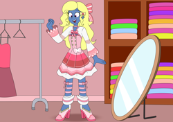 Size: 4428x3120 | Tagged: safe, artist:eagc7, oc, oc only, oc:azure/sapphire, human, equestria girls, g4, clothes, commission, crossdressing, dress, femboy, happy, male, mirror, solo