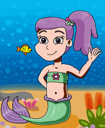 Size: 508x622 | Tagged: safe, artist:ocean lover, lily pad (g4), fish, human, mermaid, g4, adorable face, bandeau, bare shoulders, bashful, bikini, bikini top, bubble, child, clothes, coral, cute, cute face, female, fish tail, flower, hand behind back, humanized, innocent, looking at you, mermaid tail, mermaidized, mermay, midriff, ms paint, ocean, ponytail, purple eyes, purple hair, rock, sand, sleeveless, smiling, smiling at you, species swap, sponge, swimsuit, tail, underwater, water, waving, waving at you