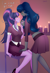 Size: 2080x3000 | Tagged: safe, alternate character, alternate version, artist:xjenn9, twilight sparkle, oc, oc:sweet scribe, human, equestria girls, g4, breasts, busty twilight sparkle, canon x oc, clothes, commission, dialogue, duo, duo female, female, glasses, high heels, high res, holding hands, lesbian, looking into each others eyes, midriff, reasonably sized breasts, shipping, shoes, ych result