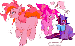 Size: 1280x796 | Tagged: safe, artist:hoofpeet, pinkie pie, twilight sparkle, earth pony, pony, unicorn, g4, book, cloven hooves, duo, genderfluid, reading, simple background, speech bubble, talking, thought bubble, unicorn twilight, white background