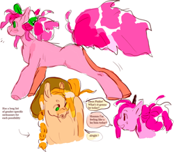 Size: 1280x1117 | Tagged: safe, artist:hoofpeet, applejack, pinkie pie, earth pony, pony, g4, cap, duo, hat, ponytail, simple background, speech bubble, talking, white background