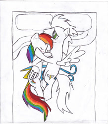 Size: 834x958 | Tagged: safe, artist:istrolltime, rainbow dash, soarin', pegasus, pony, g4, bed, blushing, duo, female, male, mare, ship:soarindash, shipping, simple background, sleeping, stallion, straight, traditional art, white background