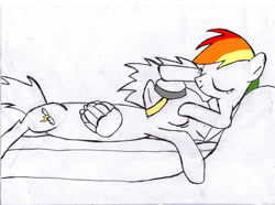 Size: 900x669 | Tagged: safe, artist:istrolltime, rainbow dash, soarin', pegasus, pony, g4, bed, duo, female, male, mare, ship:soarindash, shipping, simple background, sleeping, stallion, straight, traditional art, white background