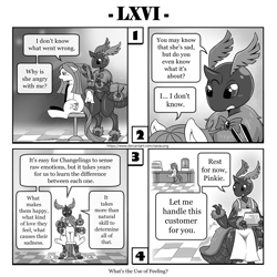 Size: 1200x1200 | Tagged: safe, artist:vavacung, pinkie pie, queen chrysalis, changeling, earth pony, insect, moth, pony, comic:out of chrysalis, g4, apron, bowtie, clothes, comic, female, naked apron, partial nudity, pinkamena diane pie, species swap