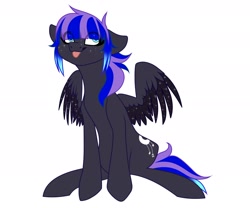 Size: 2048x1707 | Tagged: safe, artist:zeepurplefox, oc, oc only, oc:rainfall (zeepurplefox), pegasus, pony, :p, belly, cyan eyes, dark coat, eye clipping through hair, female, floppy ears, freckles, full body, hair over eyes, looking up, mare, multicolored mane, multicolored tail, partially open wings, pegasus oc, simple background, sitting, solo, star freckles, starry wings, tail, tongue out, white background, wings