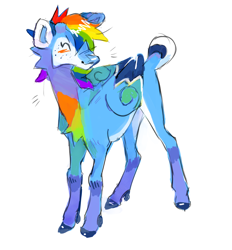 Size: 1280x1378 | Tagged: safe, artist:hoofpeet, rainbow dash, deer, deer pony, original species, peryton, g4, cloven hooves, concave belly, eyes closed, folded wings, short tail, simple background, smiling, solo, tail, white background, wings