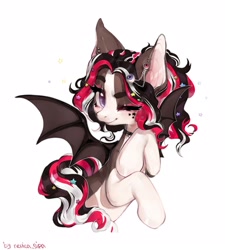 Size: 1941x2160 | Tagged: safe, artist:nev1ca, oc, oc only, oc:jenny mayer, bat pony, pony, bat pony oc, big ears, birthmark, choker, colored, commission, countershading, cute, ear piercing, earring, eyeball, facial markings, female, freckles, half body, halfbody, heart, jewelry, looking at you, makeup, obtrusive watermark, one eye closed, piercing, ponytail, shading, signature, simple background, small wings, smiling, smiling at you, solo, spread wings, stars, stars in mane, watermark, white background, wings, wink, winking at you