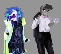 Size: 1213x1074 | Tagged: safe, artist:aztrial, dj pon-3, octavia melody, vinyl scratch, earth pony, unicorn, anthro, g4, clothes, duo, female, gray background, grin, headphones, jacket, piercing, shirt, simple background, skirt, smiling, t-shirt, tuxedo, watch