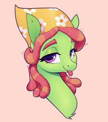 Size: 2230x2500 | Tagged: safe, artist:aquaticvibes, tree hugger, earth pony, pony, g4, :p, bust, female, high res, lidded eyes, mare, portrait, simple background, smiling, solo, tongue out
