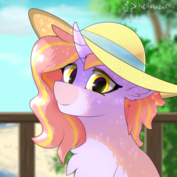 Size: 2000x2000 | Tagged: safe, artist:hellblazer911, oc, oc only, oc:pink blossom, pony, unicorn, beach, blurry background, bust, chest fluff, cloud, commission, curly hair, curly mane, curved horn, ear fluff, eyeshadow, facial markings, female, floppy ears, hat, high res, horn, lightly watermarked, long mane, looking at you, makeup, mare, outdoors, pink mane, ponytail, portrait, railing, ribbon, sitting, smiling, smiling at you, solo, sun hat, tree, two toned mane, unicorn horn, unicorn oc, watermark, yellow eyes