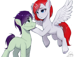 Size: 2310x1800 | Tagged: safe, artist:xiaowu07, oc, oc only, earth pony, pegasus, pony, duo, female, looking at each other, looking at someone, male, mare, scar, shipping, signature, simple background, stallion, straight, white background