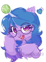 Size: 1080x1440 | Tagged: safe, artist:toast091019, izzy moonbow, pony, unicorn, g5, ball, cute, female, fluffy, glasses, hooves, horn, hornball, izzy's tennis ball, izzybetes, open mouth, open smile, round glasses, simple background, smiling, solo, tennis ball, unshorn fetlocks, white background