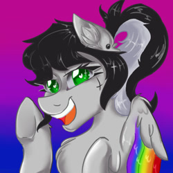 Size: 512x512 | Tagged: safe, artist:dankpegasista, derpibooru exclusive, oc, oc only, oc:lunar dash, pegasus, pony, bangs, big smile, bisexual pride flag, black and white mane, black hair, bust, chest fluff, colored lineart, colored pupils, colored wings, cross, ear fluff, ear piercing, face to face, feathered wings, female, folded wings, gradient background, gray coat, green eyes, halfbody, happy, heart, heart eyes, highlights, inverted cross, long eyelashes, looking at you, mare, messy hair, messy mane, monochrome, multicolored wings, nostrils, one eye closed, open mouth, pegasus oc, piercing, ponytail, portrait, pride, pride flag, rainbow wings, raised hoof, shading, solo, sparkles, tattoo, teeth, underhoof, wall of tags, waving, waving at you, white hair, wide smile, wingding eyes, wings