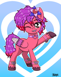 Size: 1412x1797 | Tagged: safe, artist:banquo0, ruby jubilee, pegasus, pony, bridlewoodstock (make your mark), g5, my little pony: make your mark, my little pony: make your mark chapter 4, spoiler:g5, spoiler:my little pony: make your mark chapter 4, spoiler:mymc04e01, alternate hairstyle, bracelet, bridlewoodstock, colored wings, female, folded wings, gradient background, jewelry, multicolored wings, necklace, one eye closed, open mouth, raised hoof, solo, unshorn fetlocks, wavy mane, wings, wink