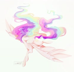 Size: 2153x2084 | Tagged: safe, artist:mindlessnik, princess celestia, alicorn, pony, g4, ethereal mane, eyes closed, female, flowing mane, gradient background, high res, horn, large wings, long horn, majestic, mare, missing accessory, signature, solo, spread wings, wings