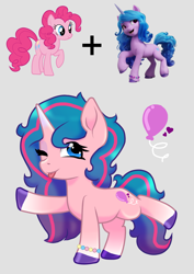 Size: 2893x4092 | Tagged: safe, artist:horsesrnaked, izzy moonbow, pinkie pie, oc, oc:flyaway balloon, earth pony, pony, unicorn, g4, g5, bracelet, curly hair, curly mane, curly tail, cutie mark, full body, fusion, fusion:izzy moonbow, fusion:pinkie pie, izzy and her heroine, jewelry, long hair, long mane, long tail, pride, pride flag, standing, standing on two hooves, tail, tongue out