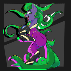 Size: 2000x2000 | Tagged: safe, artist:orionofthestars, mane-iac, earth pony, pony, g4, antagonist, bodysuit, clothes, crazy face, electro orb, faic, fangs, female, full body, high res, mare, simple background, solo, villainess, villains of equestria