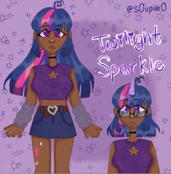 Size: 1015x1030 | Tagged: safe, artist:s0upiie0, twilight sparkle, human, g4, alternate hairstyle, arm warmers, belly button, belt, choker, clothes, cutie mark on human, cutie mark tattoo, dark skin, denim, denim skirt, female, glasses, horn, horned humanization, humanized, midriff, skirt, solo, tattoo