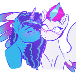 Size: 3300x3300 | Tagged: safe, artist:starsbursts, misty brightdawn, zipp storm, pegasus, pony, unicorn, g5, adorazipp, blushing, cheek kiss, cornrows, cute, duo, eyes closed, female, flustered, heart, high res, kissing, lesbian, mare, mistybetes, ship:dawnstorm, shipping, simple background, spread wings, white background, wingboner, wings