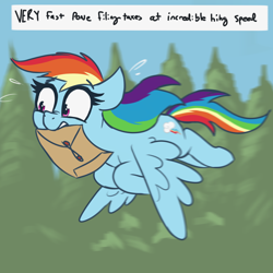 Size: 3000x3000 | Tagged: safe, artist:t72b, derpibooru exclusive, rainbow dash, pegasus, pony, g4, emanata, envelope, female, flying, high res, horse taxes, mare, meme, misspelling, motion blur, mouth hold, solo, sweat, sweatdrops, taxes, tree