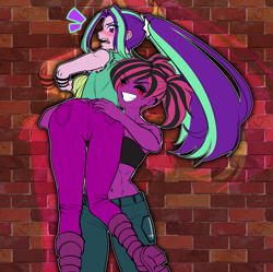 Size: 3283x3272 | Tagged: safe, artist:rileyav, aria blaze, oc, oc:vivace nocturne, human, equestria girls, g4, abs, armpits, bare shoulders, bra, butt, butt touch, canon x oc, clothes, crop top bra, high res, shipping, tsundaria, tsundere, underwear