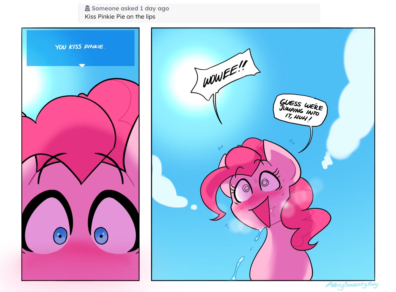 [blushing,comic,dialogue,drool,earth pony,female,looking at you,mare,open mouth,pinkie pie,pony,pov,safe,speech bubble,sweat,swirly eyes,talking to viewer,text,implied kissing,smiling,offscreen character,blushing profusely,open smile,artist:averysweatyboy]