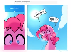 Size: 1536x1132 | Tagged: safe, artist:averysweatyboy, part of a set, pinkie pie, earth pony, pony, g4, ask, blushing, blushing profusely, breath, comic, dialogue, drool, explicit source, female, implied kissing, looking at you, mare, offscreen character, open mouth, open smile, pov, smiling, speech bubble, sweat, swirly eyes, talking to viewer, text