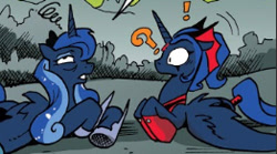 Size: 262x146 | Tagged: safe, artist:andy price, idw, princess luna, alicorn, pony, g4, reflections, spoiler:comic, alternate universe, cropped, crown, dizzy, duo, duo female, ears back, evil counterpart, evil luna, exclamation point, female, hoof shoes, jewelry, lying down, mirror universe, peytral, question mark, regalia, self paradox, self ponidox, tiara