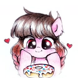 Size: 1585x1585 | Tagged: safe, artist:liaaqila, oc, oc only, oc:arwencuack, pegasus, pony, cute, donut, eye clipping through hair, female, food, heart, hooves on cheeks, icon, mare, ocbetes, pegasus oc, signature, simple background, solo, traditional art, white background