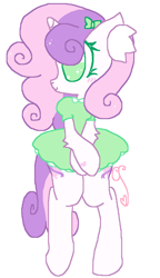 Size: 1196x2076 | Tagged: safe, artist:cutiesparke, sweetie belle, unicorn, semi-anthro, g4, alternate cutie mark, arm fluff, arm hooves, bipedal, blushing, bow, clothes, dress, ear fluff, female, filly, fluffy, foal, hair bow, looking sideways, simple background, solo, sparkly eyes, sparkly mane, white background, wingding eyes