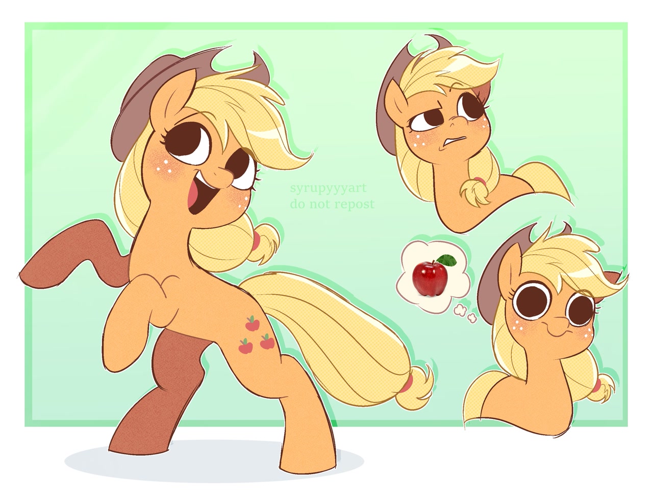 [apple,applejack,applejack's hat,cowboy hat,cute,earth pony,female,food,freckles,hat,high res,mare,open mouth,pony,safe,solo,thought bubble,jackabetes,artist:syrupyyy]