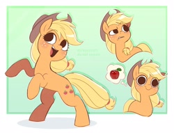 Size: 2677x2042 | Tagged: safe, artist:syrupyyy, applejack, earth pony, pony, g4, apple, applejack's hat, cowboy hat, cute, female, food, freckles, hat, high res, jackabetes, mare, no catchlights, open mouth, open smile, smiling, solo, stare, that pony sure does love apples, thought bubble, thousand yard stare