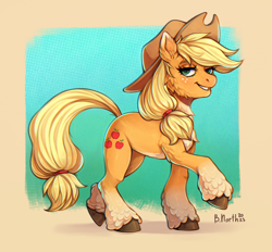 Size: 1915x1777 | Tagged: safe, artist:birdoffnorth, applejack, earth pony, pony, g4, applejack's hat, cheek fluff, chest fluff, cowboy hat, eyebrows, female, freckles, grin, hair tie, hat, lidded eyes, looking at you, mare, signature, smiling, smiling at you, solo, tail tie, unshorn fetlocks