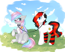 Size: 2537x2015 | Tagged: safe, artist:arllistar, oc, oc only, oc:dreamyway skies, oc:starforce fireline, bat pony, pony, unicorn, bat pony oc, bat wings, blue eyes, blushing, chest fluff, clothes, cloud, collar, commission, cute, duo, ear fluff, ear tufts, eyebrows, eyelashes, female, flirting, flower, grass, grass field, hair accessory, happy, high res, horn, leash, lesbian, looking at each other, looking at someone, mare, nature, oc x oc, one eye closed, outdoors, pet play, raised hoof, shipping, sitting, sky, smiling, smiling at each other, smirk, socks, sparkles, sparkling mane, standing, striped socks, unicorn oc, walking, wings, ych result