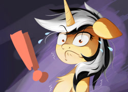Size: 1601x1150 | Tagged: safe, artist:行豹cheetahspeed, oc, oc only, oc:autumn trace, pony, unicorn, black and white mane, exclamation point, facial expressions, horn, orange eyes, purple background, shocked, yellow skin