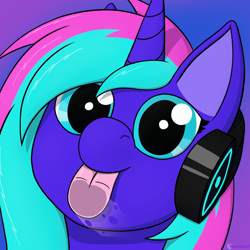 Size: 1200x1200 | Tagged: safe, artist:passionpanther, oc, oc:heartbeat, pony, unicorn, headphones, icon, licking, licking the fourth wall, solo, tongue out
