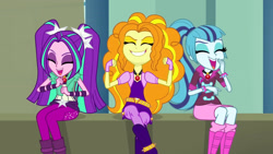 Size: 3072x1727 | Tagged: safe, screencap, adagio dazzle, aria blaze, sonata dusk, human, equestria girls, g4, my little pony equestria girls: rainbow rocks, eyes closed, female, grin, laughing, open mouth, open smile, smiling, the dazzlings, trio, trio female