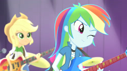 Size: 3072x1727 | Tagged: safe, screencap, applejack, pinkie pie, rainbow dash, human, equestria girls, g4, my little pony equestria girls: rainbow rocks, applejack's hat, bass guitar, clothes, cowboy hat, cutie mark on clothes, duo, duo female, duo focus, electric guitar, female, guitar, hat, microphone, musical instrument, one eye closed, smiling, wink