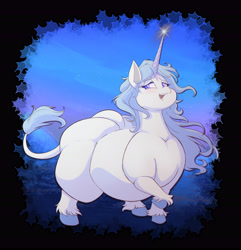 Size: 4444x4617 | Tagged: safe, artist:goblinhordestudios, classical unicorn, pony, unicorn, absurd resolution, amalthea, blank flank, blushing, bottom heavy, chubby cheeks, colored hooves, crossover, fat, female, horn, huge butt, impossibly large butt, large butt, leonine tail, lidded eyes, night, obese, open mouth, open smile, ponified, smiling, solo, the last unicorn, thighs, thunder thighs, unshorn fetlocks, wide hips