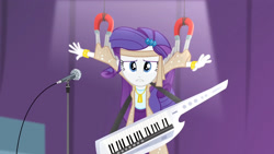 Size: 3072x1727 | Tagged: safe, screencap, rarity, human, equestria girls, g4, my little pony equestria girls: rainbow rocks, female, frown, hairpin, keytar, magnet, microphone, microphone stand, musical instrument, solo