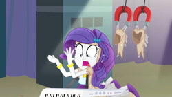 Size: 3072x1727 | Tagged: safe, screencap, rarity, human, equestria girls, g4, my little pony equestria girls: rainbow rocks, boots, bracelet, clothes, female, gasp, hairpin, high heel boots, jewelry, keytar, magnet, marshmelodrama, musical instrument, open mouth, rarity being rarity, shoes, solo, torn clothes