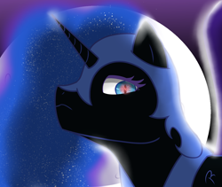 Size: 1280x1080 | Tagged: safe, artist:reinbou, nightmare moon, alicorn, pony, g4, looking at you, looking down, looking down at you, moon, night, simple background, solo