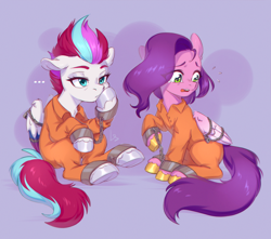 Size: 2264x2000 | Tagged: safe, artist:ls_skylight, pipp petals, zipp storm, pegasus, pony, g5, chains, clothes, commission, duo, duo female, female, high res, never doubt rainbowdash69's involvement, prison outfit, prisoner, prisoner pipp, prisoner zipp, royal sisters (g5), siblings, sisters