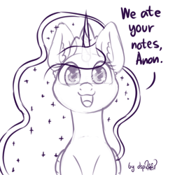 Size: 1024x1024 | Tagged: source needed, safe, artist:dsp2003, princess luna, alicorn, pony, g4, 2017, behaving like a dog, crown, cute, female, implied anon, jewelry, looking at you, lunabetes, monochrome, regalia, sketch, solo