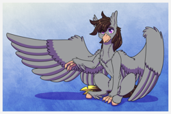 Size: 1772x1181 | Tagged: safe, artist:inuhoshi-to-darkpen, oc, oc only, oc:luxor, classical hippogriff, hippogriff, chest fluff, cute, fluffy, looking at you, ocbetes, sitting, smiling, smiling at you, solo, spread wings, unshorn fetlocks, wing fluff, wings