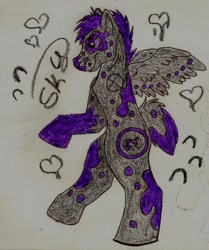 Size: 1072x1280 | Tagged: safe, artist:ino89777, oc, oc only, oc:sky fancy hooves, pegasus, semi-anthro, arm hooves, coat markings, side view, solo, spread wings, traditional art, wings